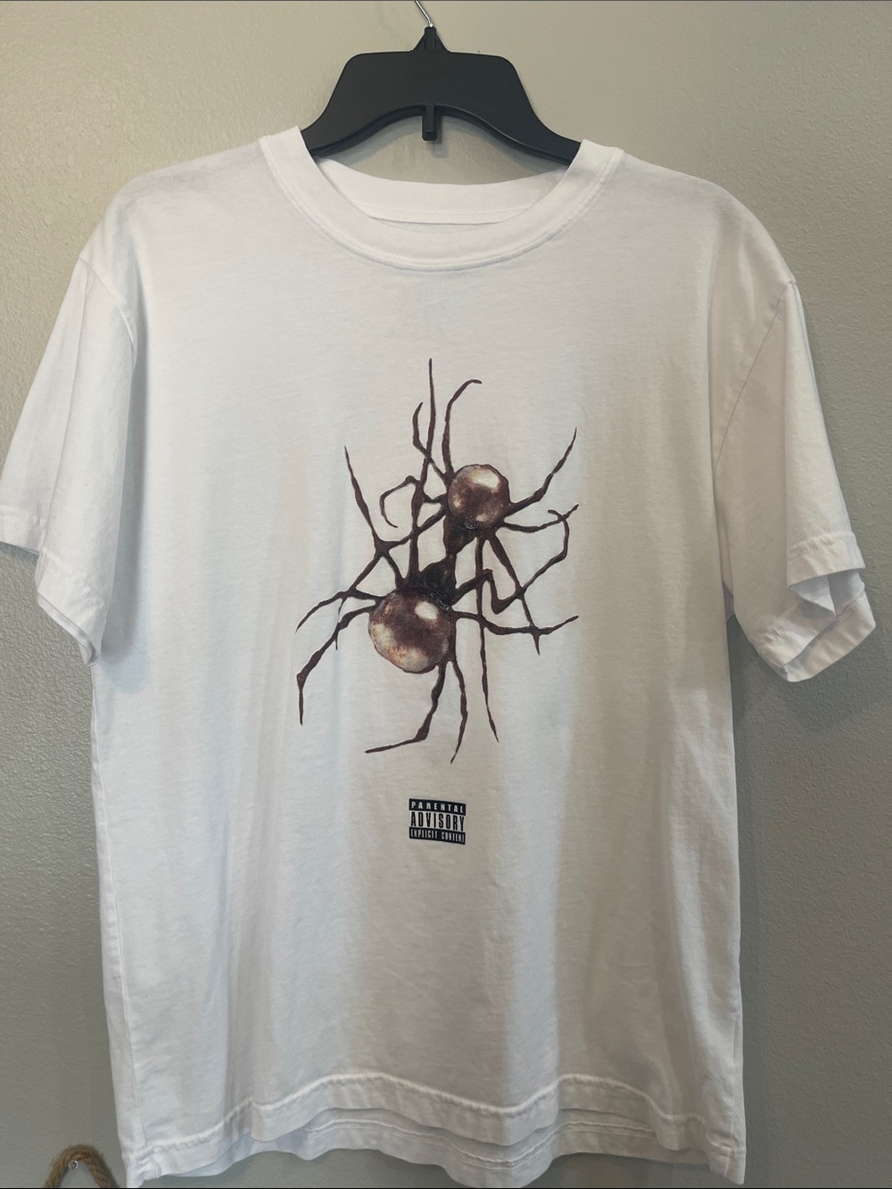 White Graphic Crewneck T-Shirt with Brown Abstract Print